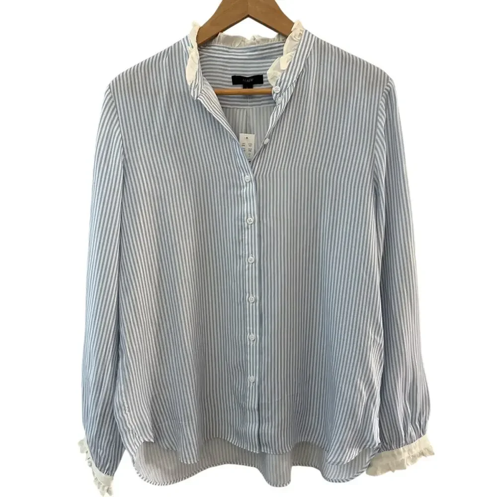 J.‎ Crew Drapey Ruffled Trim Cupro Blend Shirt Blue Stripe Size Large